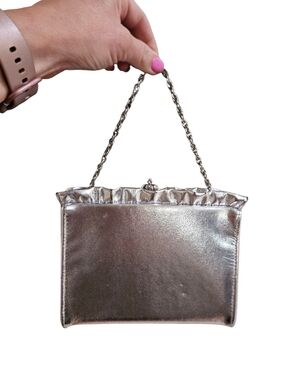 Vintage Silver Metallic Evening Bag Chain Handle Clutch Retro Glam Purse